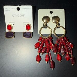 2pair of Chico’s Red and Purple Gold Earrings Set NWT